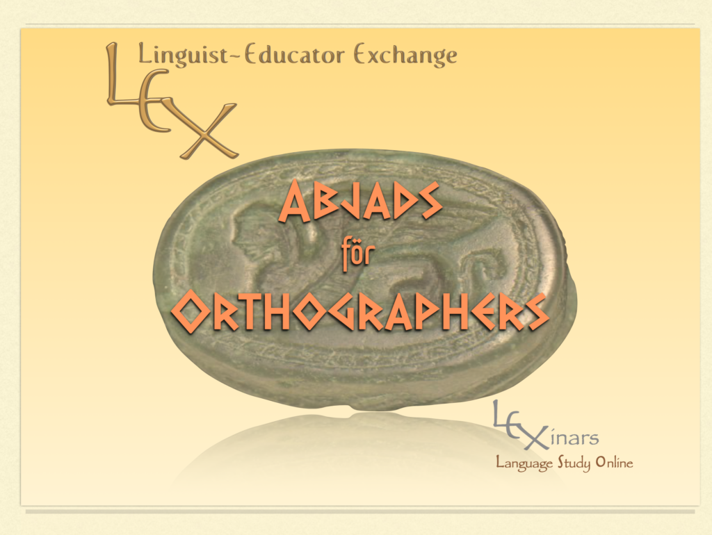 Abjads for Orthographers over a picture of a Phoenician artifact.